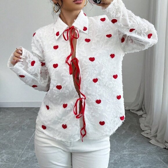 Red And White Casual Women's Contrast Heart Cut-Out Tie Up Blouse - Picture 6 of 6